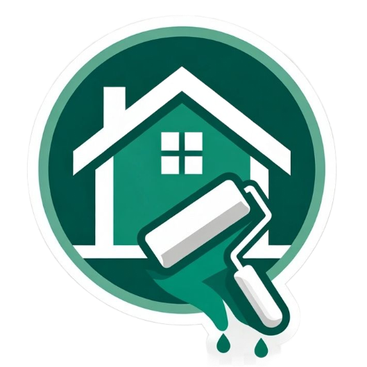 Green circular icon of a house with a paint roller and paint drips, suggesting home painting or renovation