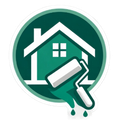 Green circular icon of a house with a paint roller and paint drips, suggesting home painting or renovation