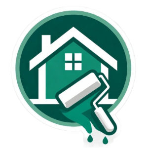Green circular icon of a house with a paint roller and paint drips, suggesting home painting or renovation