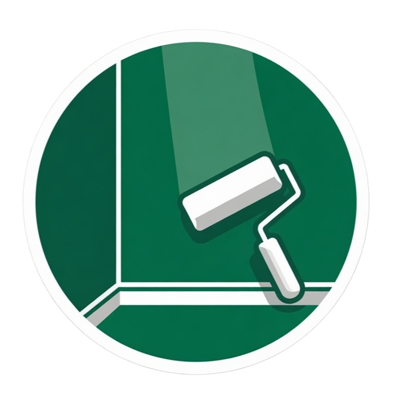 Green icon of a paint roller painting a wall corner with white trim