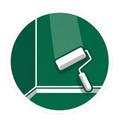 Green icon of a paint roller painting a wall corner with white trim