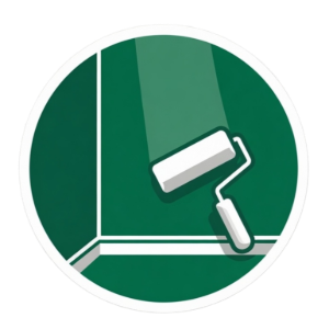 Green icon of a paint roller painting a wall corner with white trim