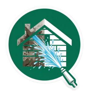 Green circle logo with house being power-washed clean by a spray nozzle