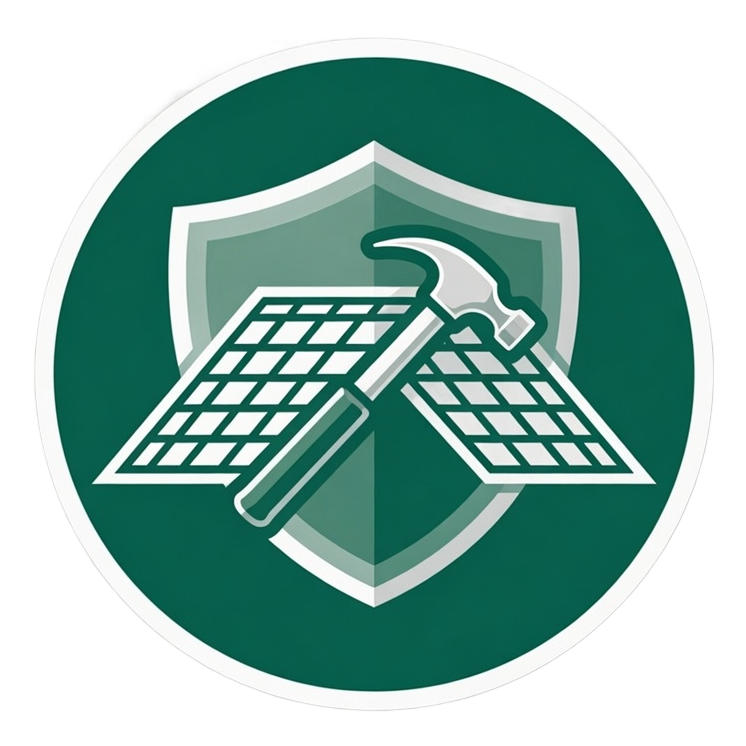 Green circular logo with shield, solar panels, and a hammer crossed in front
