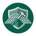 Green circular logo with shield, solar panels, and a hammer crossed in front