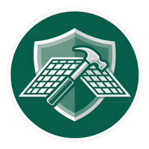 Green circular logo with shield, solar panels, and a hammer crossed in front