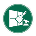 Green circular icon with white window, paintbrush, paint roller, and squeegee for cleaning or painting