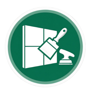 Green circular icon with white window, paintbrush, paint roller, and squeegee for cleaning or painting