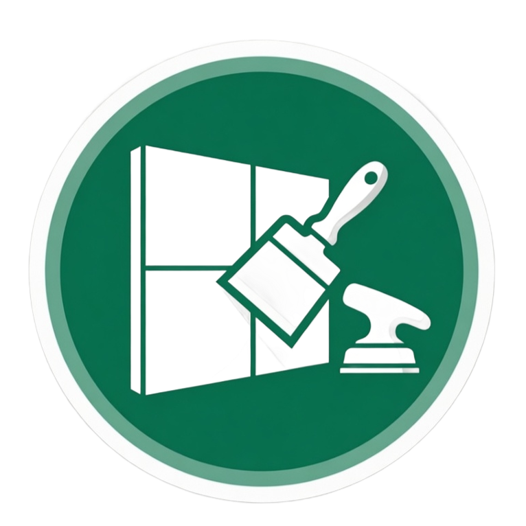 Green circular icon of a window being painted with a paintbrush and scraper tool