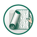 Green circular logo of a rolled paper design or blueprint held by a hand