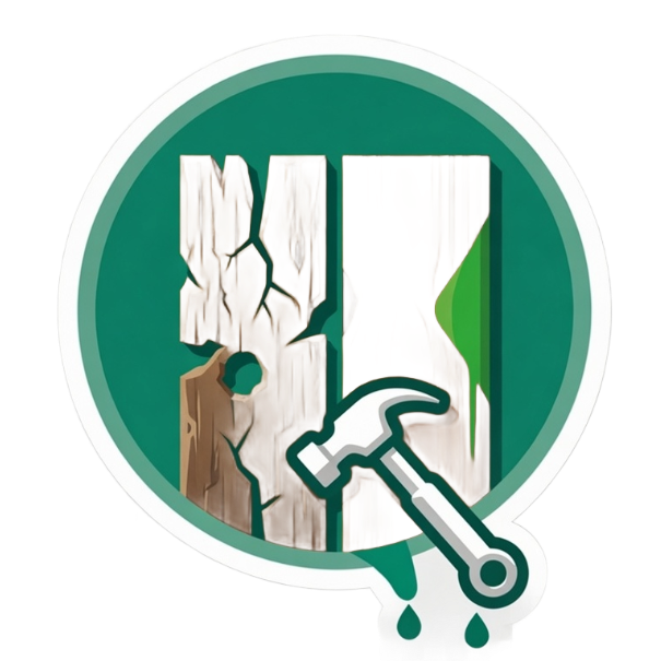 Green circular icon of a cracked wall being repaired with a paint roller and dripping paint