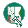 Green circular icon of a cracked wall being repaired with a paint roller and dripping paint
