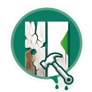 Green circular icon of a cracked wall being repaired with a paint roller and dripping paint