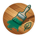 Paintbrush spilling green paint on a wooden floor, with a leaf icon nearby.