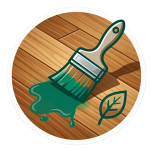Paintbrush spilling green paint on a wooden floor, with a leaf icon nearby.
