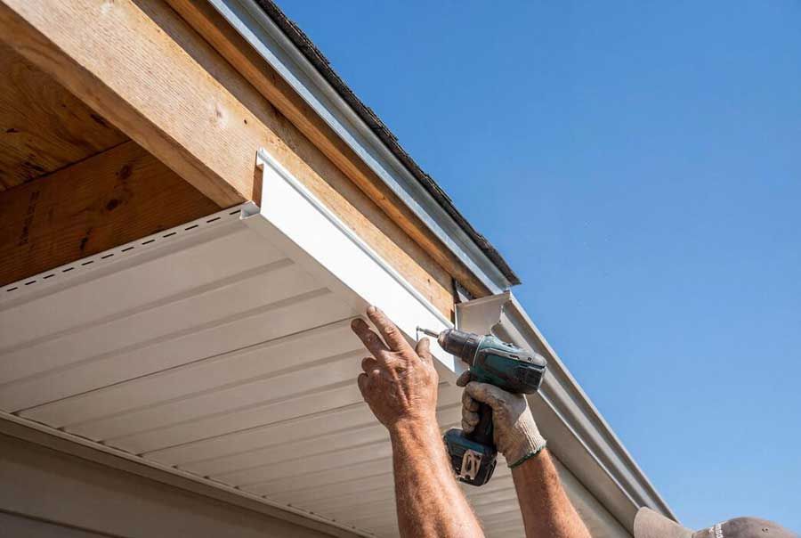 Hands using a nail gun to install white soffit panels under a roof eave.
