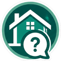 Green house icon with a speech bubble and question mark, suggesting home-related help or inquiry