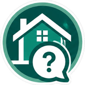Green house icon with a speech bubble and question mark, suggesting home-related help or inquiry