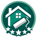 Green house and paint roller icon with stars, suggesting home painting or renovation service