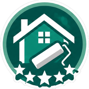Green house and paint roller icon with stars, suggesting home painting or renovation service