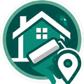 Green circular home icon with a house, paint roller, and map pin