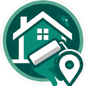 Green circular home icon with a house, paint roller, and map pin