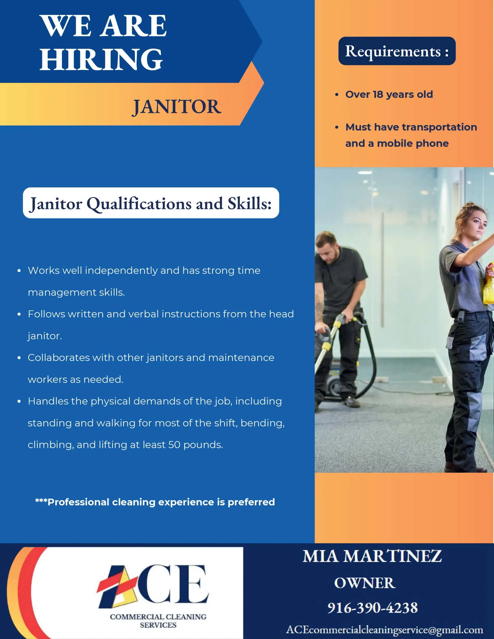 Job posting for a janitor position at ACE Professional Cleaning Services, including requirements and contact information.