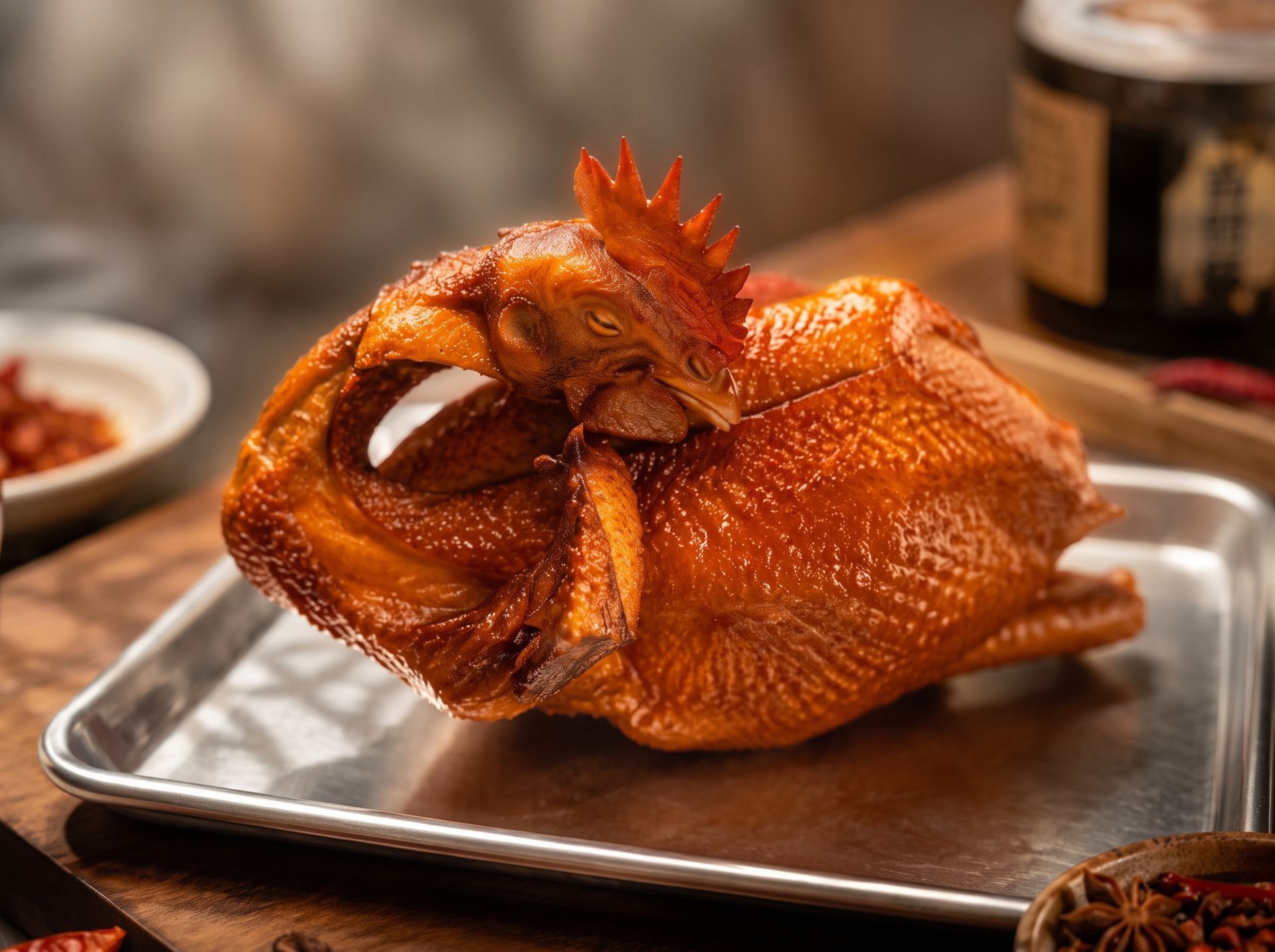 Roasted whole chicken on a metal tray, golden brown and glossy on a table