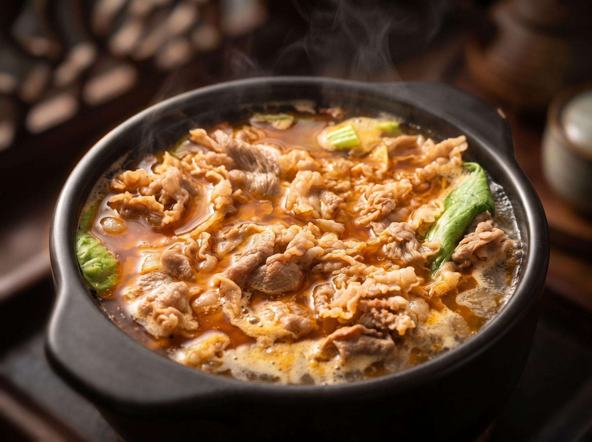 Steaming bowl of spicy shredded meat stew with green peppers on a dark table