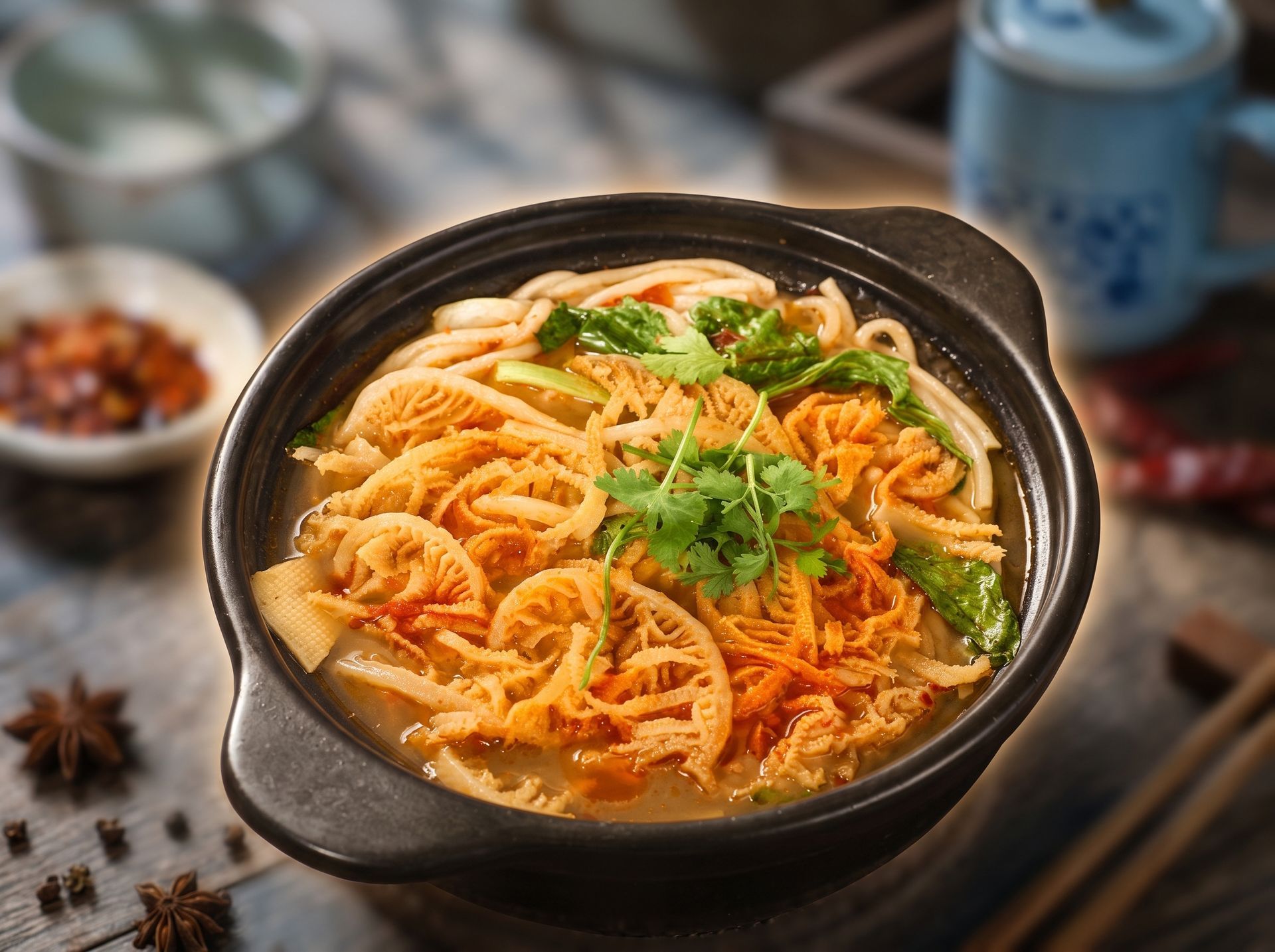 Bowl of creamy noodle soup topped with herbs and crispy onions on a table with chopsticks and spices