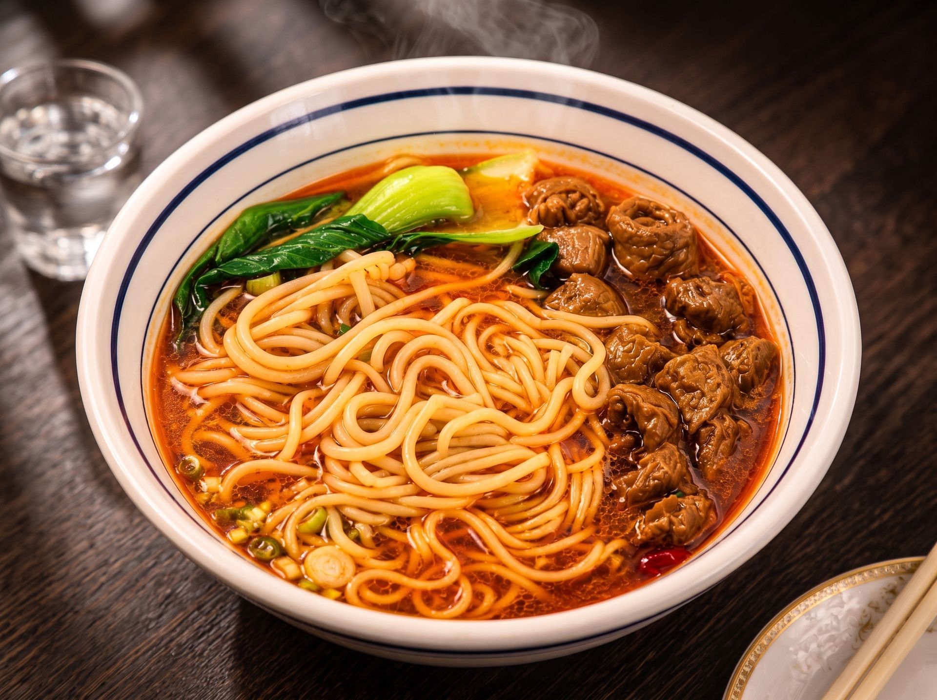 Bowl of noodle soup with beef, greens, and broth on a dark table
