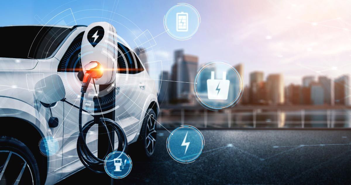 White electric car charging with cityscape backdrop and related icons.