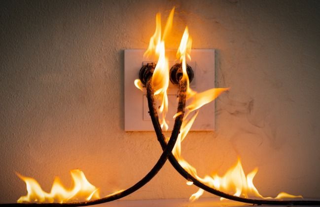 Burning electrical outlet with flames on cables.