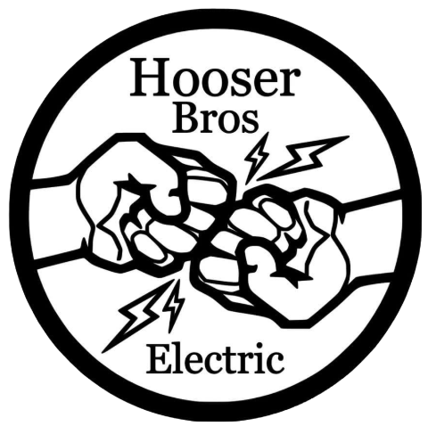 Hooser Bros Electric logo: fists bumping with lightning bolts, within a black circle.