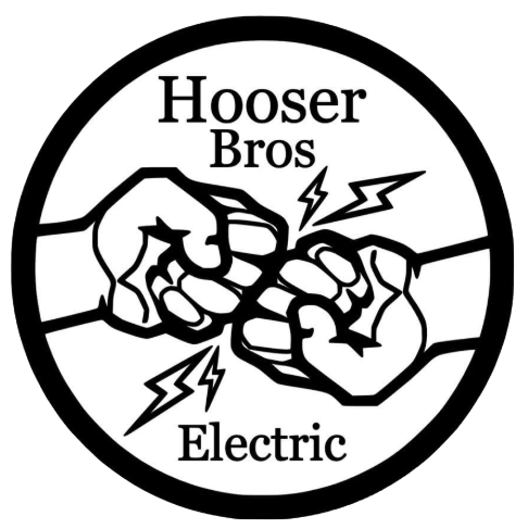 Hooser Bros Electric logo: two fists bumping with lightning bolts, in a black circular frame.