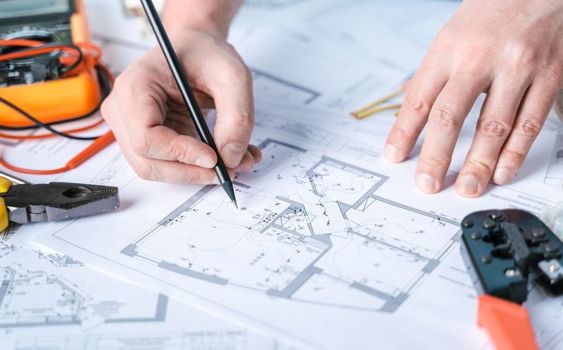Hands of an electrician sketching on a blueprint with tools scattered around.