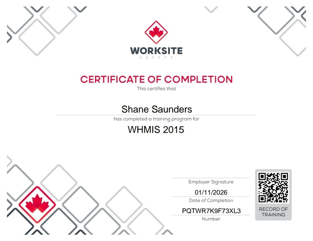 Certificate of Completion for WHMIS 2015, awarded to Shane Saunders on 01/11/2024 by Worksite Safety, featuring a QR code.
