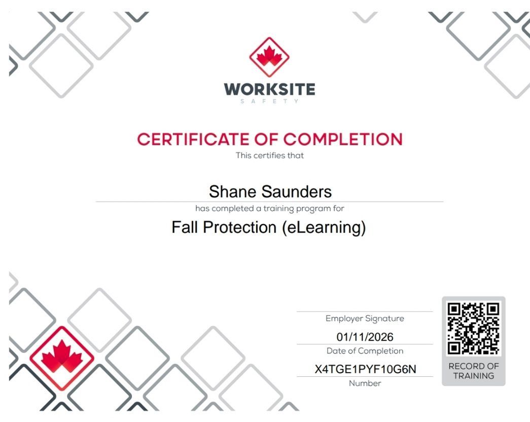 Worksite Safety certificate of completion for Shane Saunders in Fall Protection (eLearning), dated 01/12/2025.
