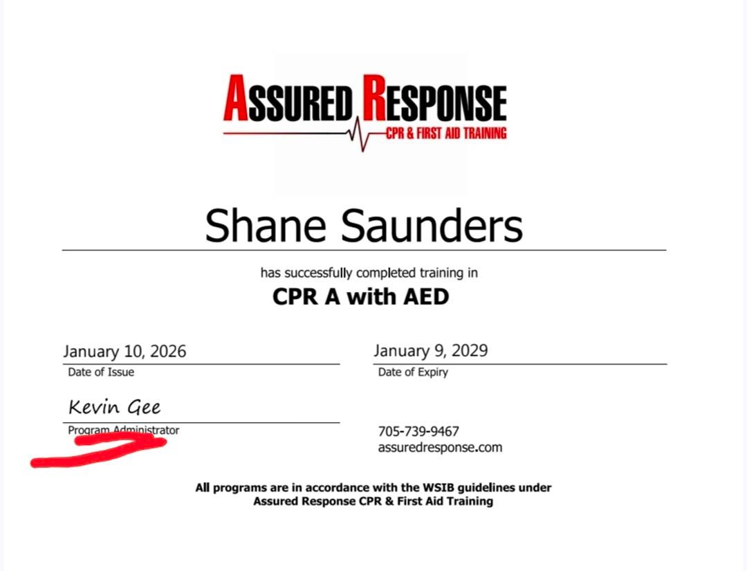 A CPR A with AED training certificate issued by Assured Response to Shane Saunders, expiring January 9, 2029.