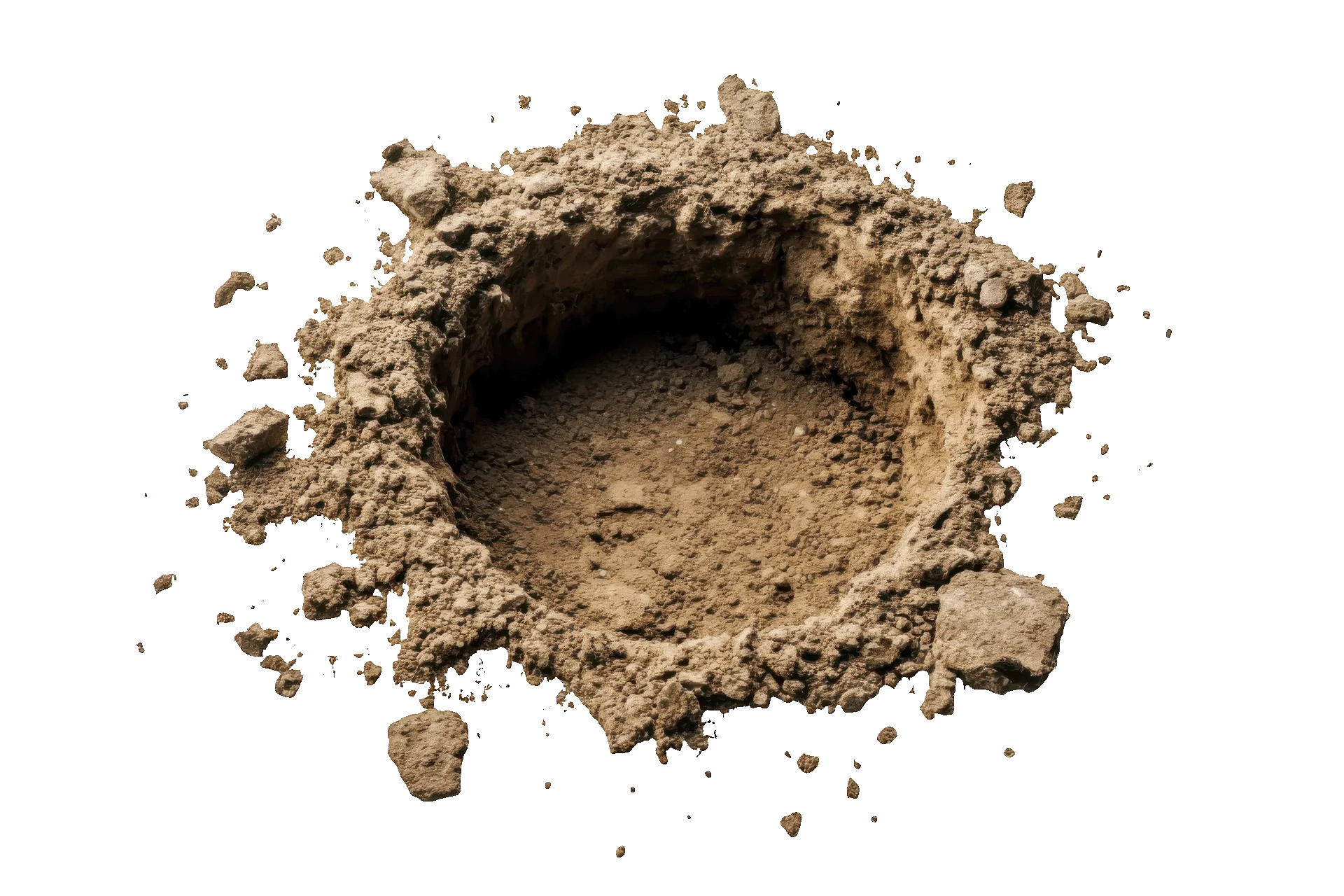 A pile of dirt with a hole in the middle on a white background.