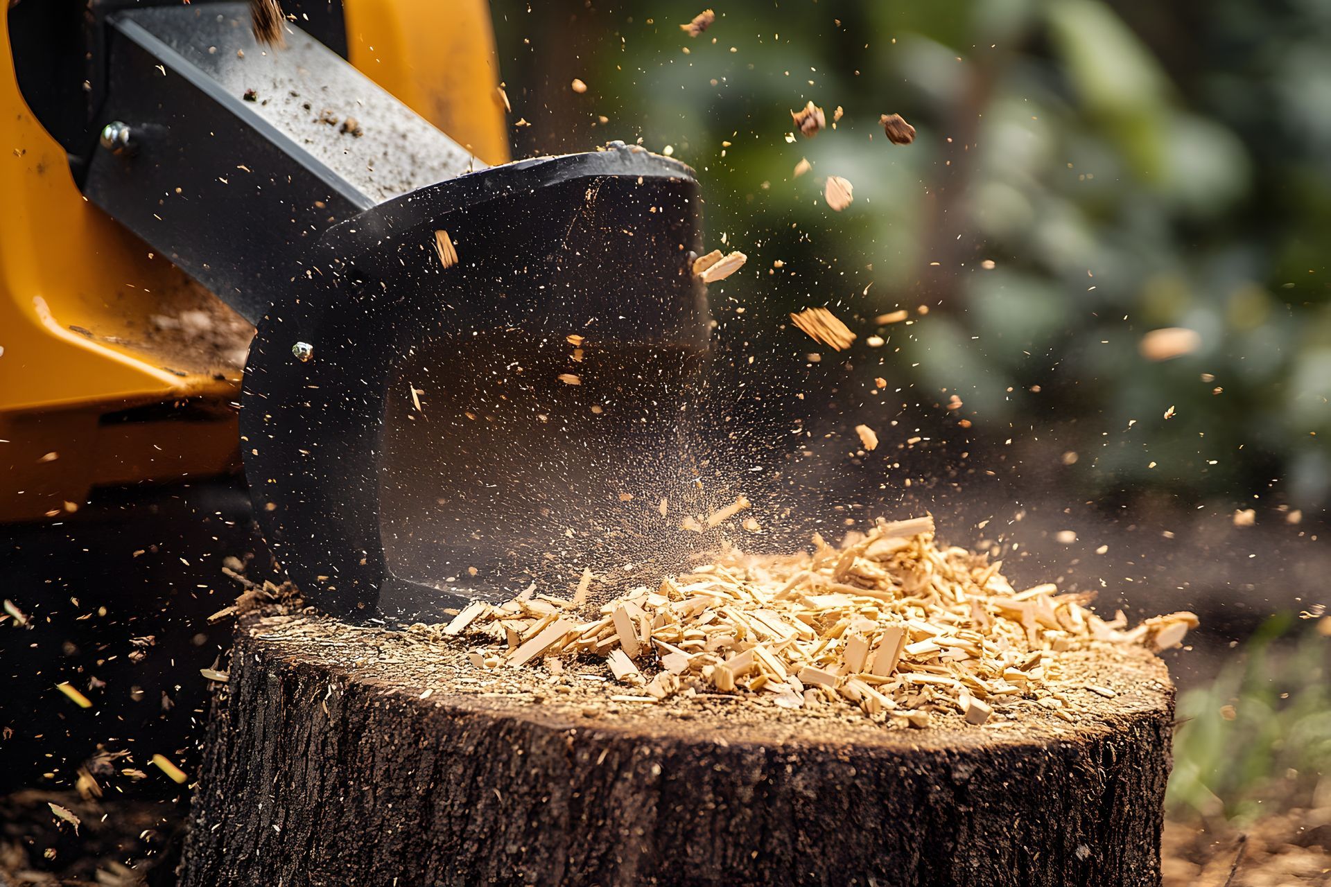 A person is cutting a tree stump with a chainsaw.