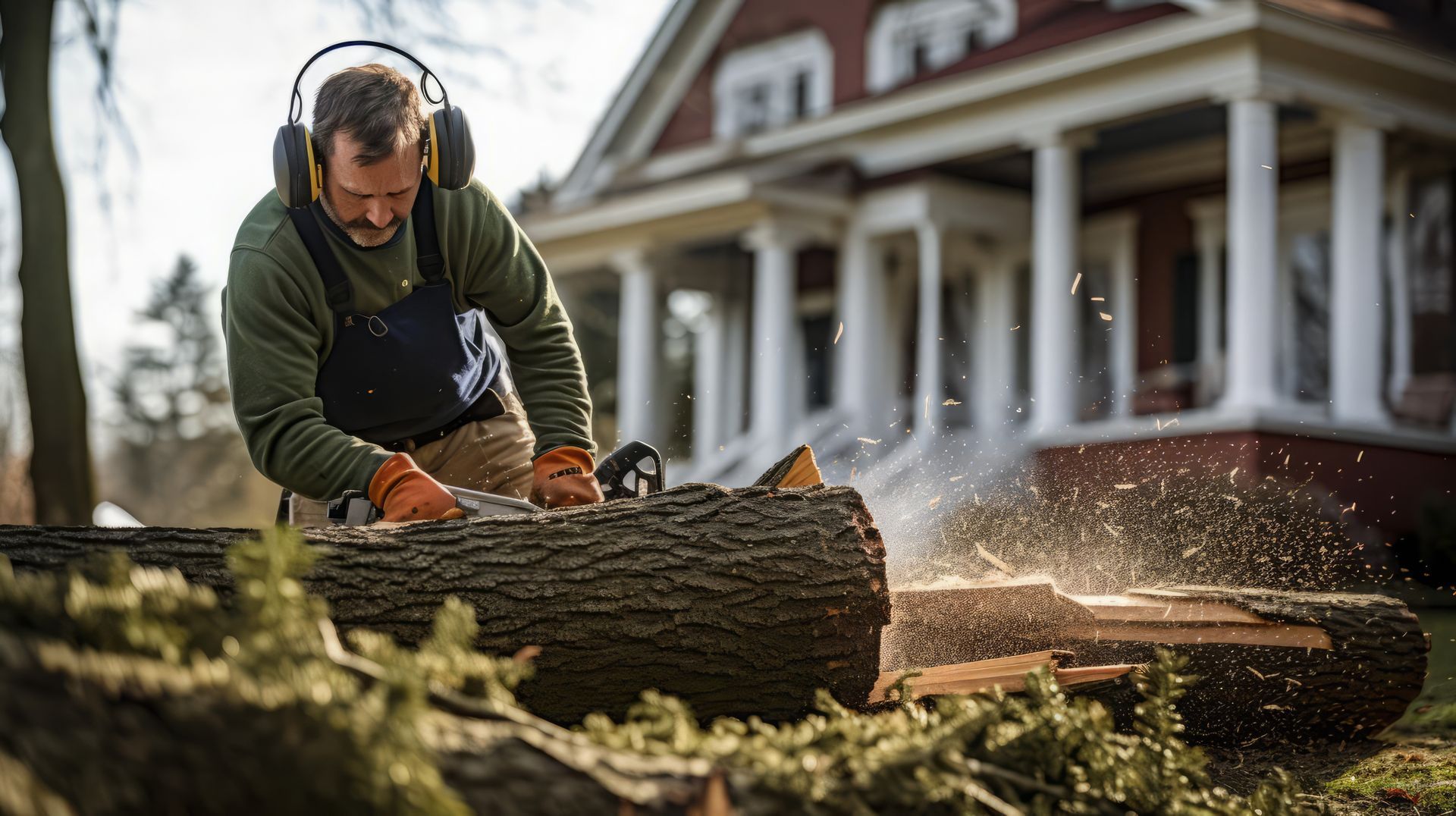 A man is cutting a log with a chainsaw in front of a house.