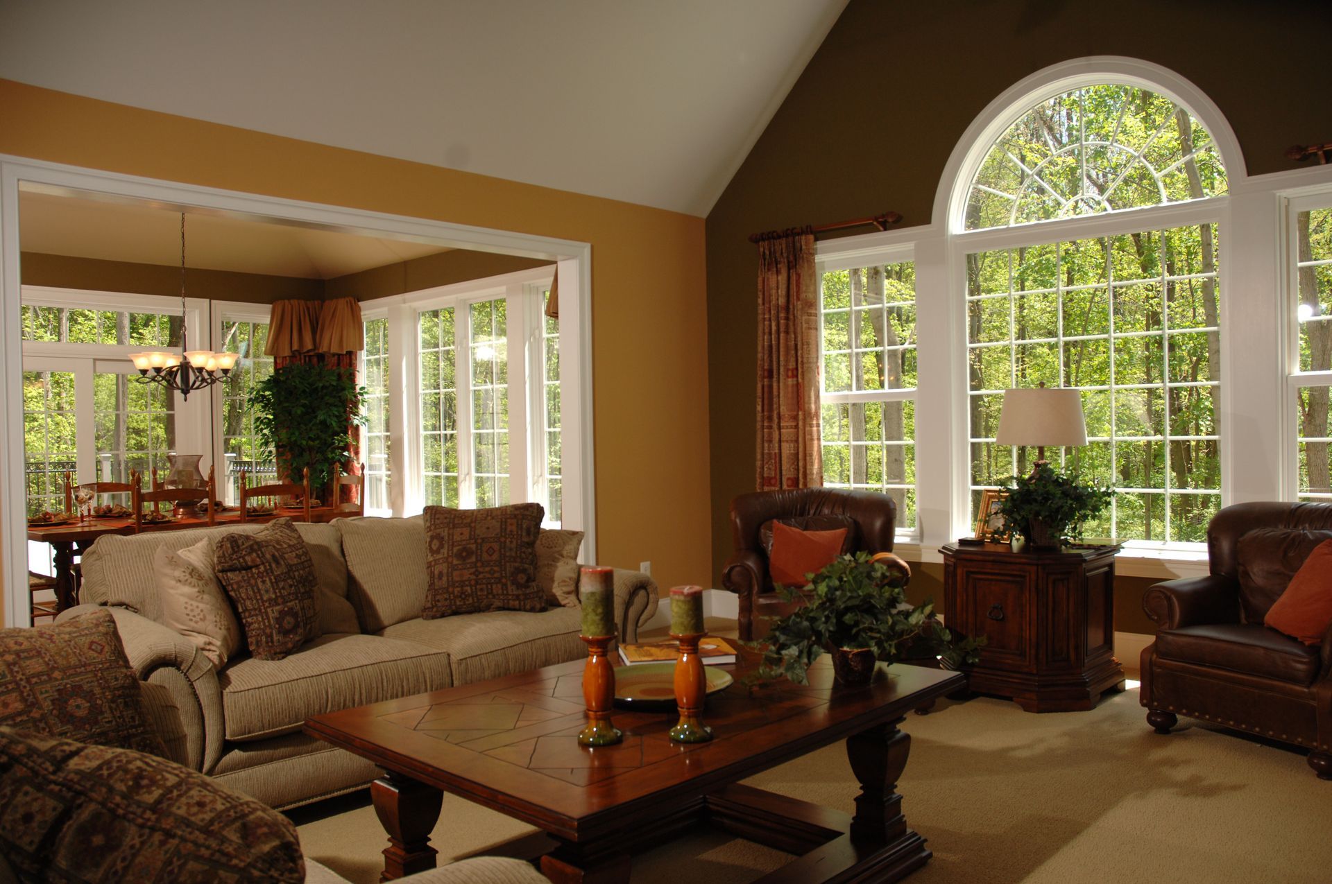 A living room with a couch and a coffee table