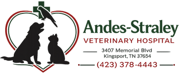 Andes-Straley Veterinary Hospital logo with pet silhouettes, heart outline, and Knoxville, TN contact information