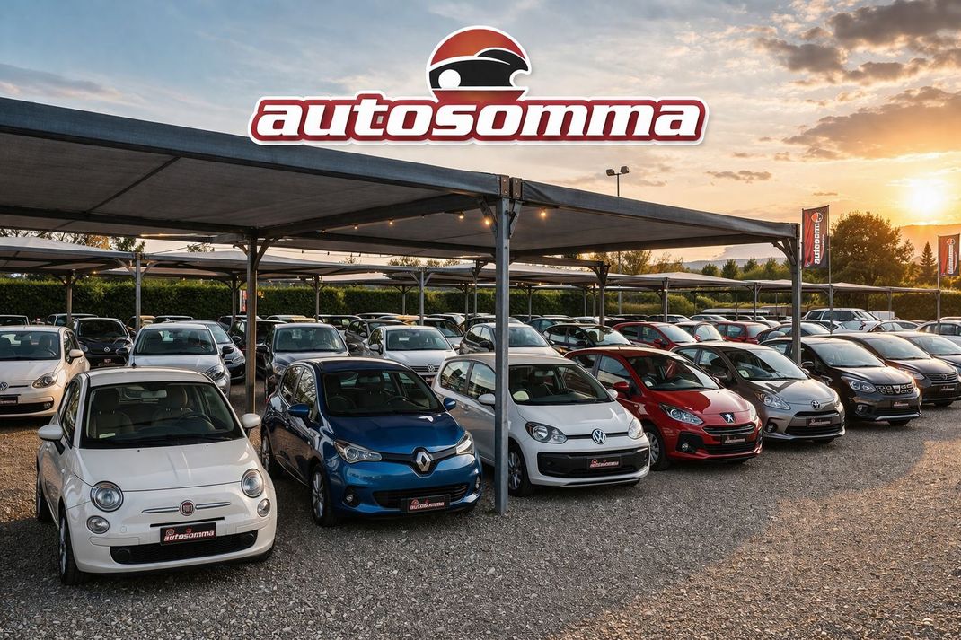 Parcheggio con file di auto parcheggiate sotto una tettoia al tramonto, con l'insegna Autosomma sopra.
