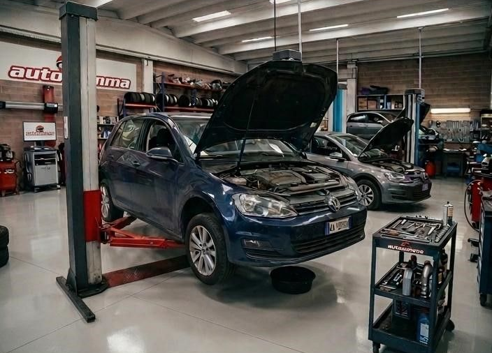 Un'auto blu sollevata su un ponte sollevatore da garage con il cofano aperto, circondata da attrezzi e da un'altra auto in un'officina meccanica.