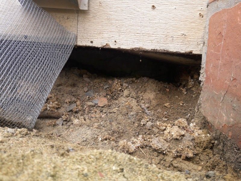 Hole beneath wooden structure next to brick wall filled with dirt and sand, covered by wire mesh.