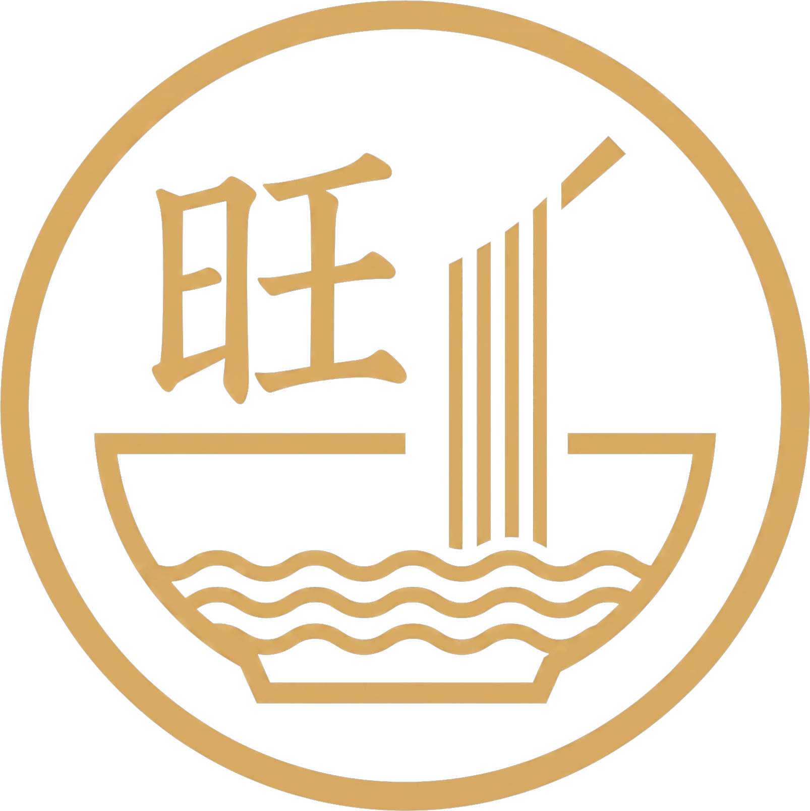 Gold circular logo with Chinese characters and a stylized boat on brown background