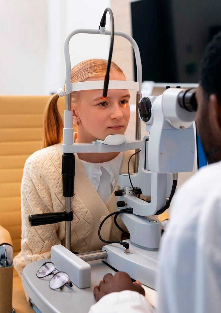 A young girl is getting her eyes examined by an ophthalmologist. - systane eye drops