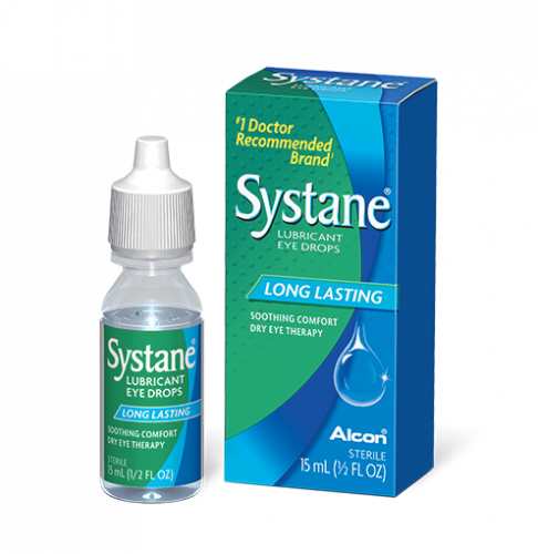 A bottle of systane eye drops next to its box